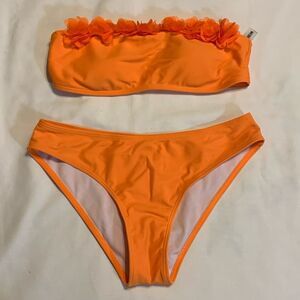 Shei Size Small two piece orange bikini with floral mesh detail